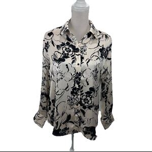 Floral Cream and Black Button-Front Blouse